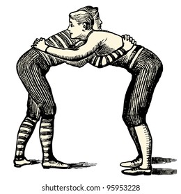  Wrestlers - vintage engraved illustration - "Dictionnaire encyclopedique universel illustration" By Jules Trousset - 1891 Paris