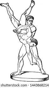 Wrestlers vintage engraved illustration drawing 