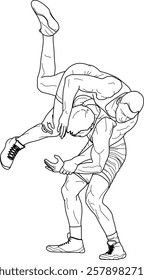 WRESTLING 1 line drawing illustration, WRESTLERS, Greco roman, freestyle, classical, duel, fight, sketch, outline, vector EPS, logo, line