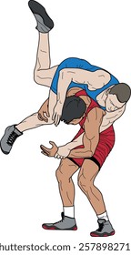 WRESTLING 1 line drawing illustration, WRESTLERS, Greco roman, freestyle, classical, duel, fight, sketch, outline, vector EPS, logo, colored, blue, red