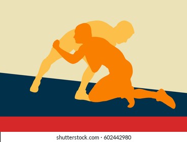 Wrestling active men fight action greek roman sport silhouette vector abstract background