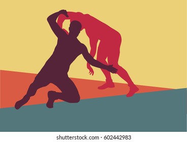 Wrestling active men fight action greek roman sport silhouette vector abstract background
