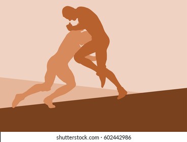 Wrestling active men fight action greek roman sport silhouette vector abstract background