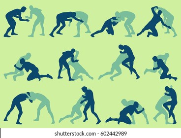 Wrestling active men fight action greek roman sport silhouette vector set