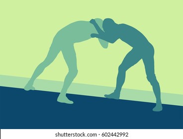 Wrestling active men fight action greek roman sport silhouette vector abstract background