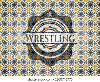 Wrestling arabic style badge. Arabesque decoration.
