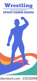 Wrestling athlete silhouette poster. Sportcman showing victory sign vector illustration.
