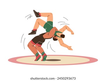 Wrestling athletes exhibit a powerful throw technique. Vector illustration captures the dynamic essence of competitive wrestling with an emphasis on movement and strength.