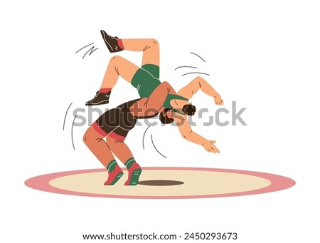 Wrestling athletes exhibit a powerful throw technique. Vector illustration captures the dynamic essence of competitive wrestling with an emphasis on movement and strength.