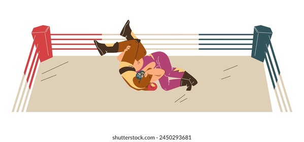 Wrestling athletes locked in a pivotal pinning moment. This vector illustration captures the decisive move in a match within a stylized wrestling ring.