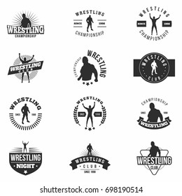 Wrestling badges set. Retro. Monochrome martial arts templates for logo, labels, sticker and more. Vector