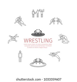 Wrestling banner. Line icons. Greco-Roman. Vector sports signs.