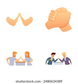 Wrestling battle icons set cartoon vector. Two men in arm wrestling battle. Sport competition