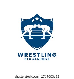 Wrestling Kombination mit Schild und Ring Logo Design Vektorvorlage, Wrestling Sport Logo Design Vektorsymbol