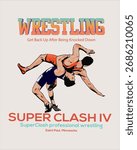 Wrestling event poster featuring two wrestlers in action, bold Wrestling text, and event details. Perfect for sports, competition, athletics, and event promotion designs