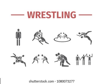 Wrestling flat icons. Greco-Roman. Vector sports signs.