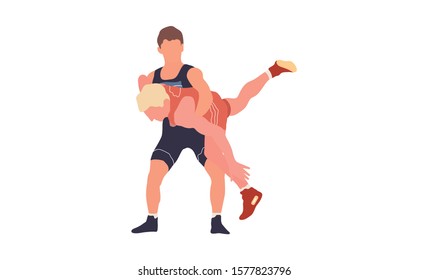 Wrestling flat isolated illustration. Two young fighters 