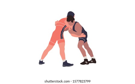 Wrestling flat isolated illustration. Two young fighters 