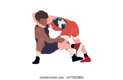 Wrestling flat isolated illustration. Two young fighters 