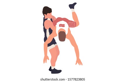 Wrestling flat isolated illustration. Two young fighters 