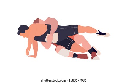 Wrestling flat isolated illustration. Two young fighters 