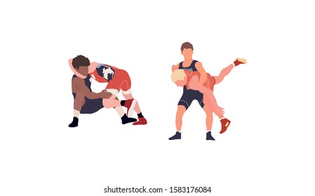 Wrestling flat isolated illustration. Young fighters set