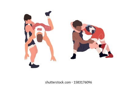 Wrestling flat isolated illustration. Young fighters set