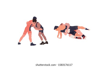 Wrestling flat isolated illustration. Young fighters set