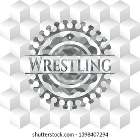 Wrestling grey badge with geometric cube white background