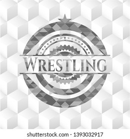 Wrestling grey emblem. Vintage with geometric cube white background