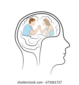 Wrestling in the head of a person. Test of Strength. A man and a woman are sitting opposite each other. Concept business vector illustration