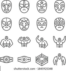 Wrestling icon illustration vector set. Contains such icon as wrestle, wrestling, Bodybuilding, Championship, Belt, Bodybuilder, and more. Expanded Stroke