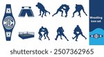 Wrestling icon set, includes wrestling punch, ring, championship belt, knockout, sparring, heavyweight, wrestling player and beautiful icons.