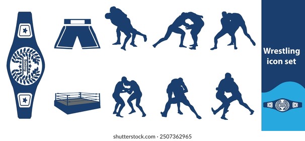 Wrestling icon set, includes wrestling punch, ring, championship belt, knockout, sparring, heavyweight, wrestling player and beautiful icons.