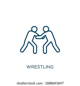 wrestling icon. Thin linear wrestling outline icon isolated on white background. Line vector wrestling sign, symbol for web and mobile