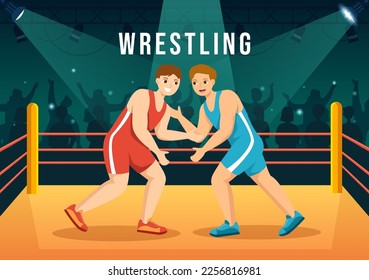 Wrestling Illustration with Two fighters Boxing Competition or Championship Sport on a Arena in Flat Cartoon Hand Drawn for Landing Page Templates