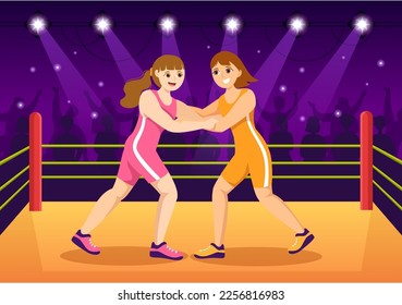 Wrestling Illustration with Two fighters Boxing Competition or Championship Sport on a Arena in Flat Cartoon Hand Drawn for Landing Page Templates