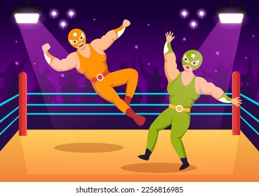 Wrestling Illustration with Two fighters Boxing Competition or Championship Sport on a Arena in Flat Cartoon Hand Drawn for Landing Page Templates