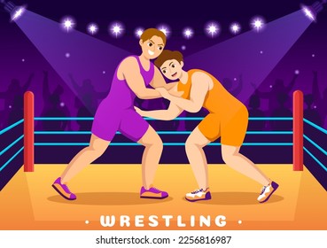 Ilustración en lucha con la competencia de boxeo de dos combatientes o deporte de campeonato en un escenario con mano de caricatura plana dibujada para plantillas de páginas de aterrizaje