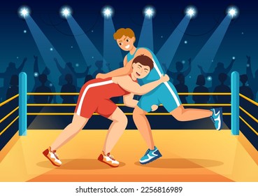 Wrestling Illustration mit zwei Kämpfern Boxkampf oder Championship Sport auf einer Arena in flacher Cartoon Hand gezeichnet für Landing Page Templates