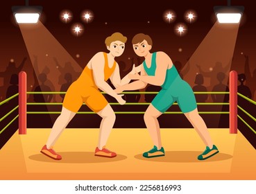 Wrestling Illustration mit zwei Kämpfern Boxkampf oder Championship Sport auf einer Arena in flacher Cartoon Hand gezeichnet für Landing Page Templates