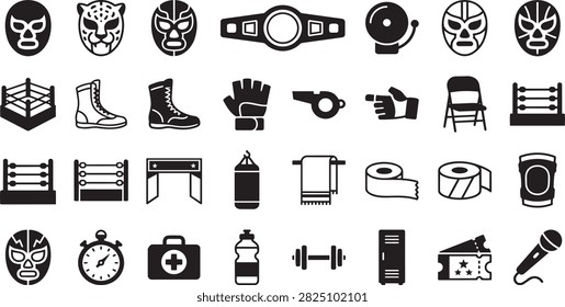 Wrestling Lucha Libre Boxing Ring Outline Icons Vector