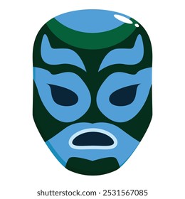 Máscara de luta representando um luchador com um design azul e verde, transmitindo uma sensação de seriedade e poder