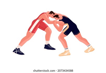 Wrestling match of two strong fighters. Fight between freestyle wrestlers. Sports opponents competing in battle. Men athletes at tournament. Flat vector illustration isolated on white background