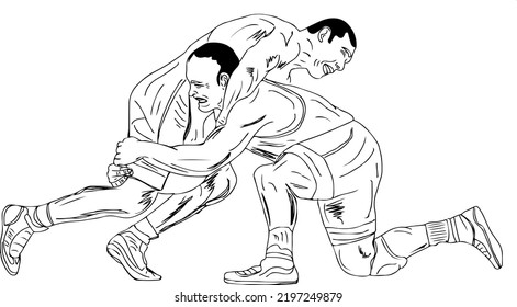 Wrestling match vector, Freestyle Wrestling Sketch Illustration, Wrestling man cartoon doodle character mascot
