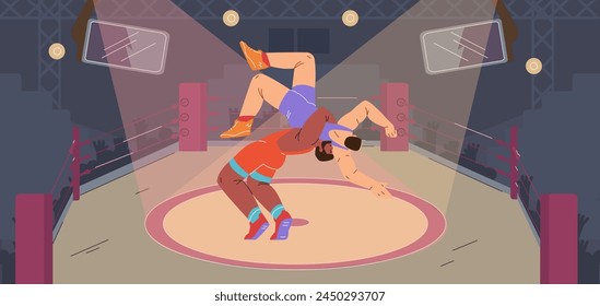 Wrestling match. Vector illustration showing male wrestlers fighting in a floodlit circular arena. A dynamic sports event scene depicted in a flat style.