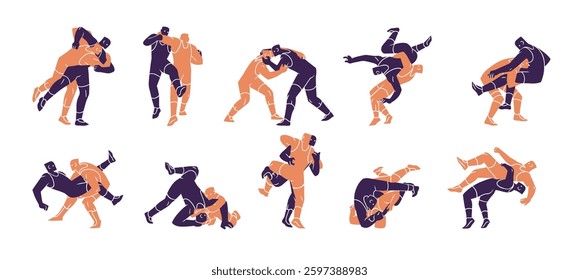 Wrestling poses set. Silhouettes of wrestlers are in Greco roman fight. Fighters' shadows are in sport battle. Combat, martial art competition. Flat isolated vector illustrations on white background