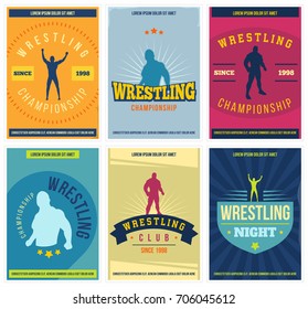 Wrestling posters set. Retro. Colorful martial arts templates for print, banner, sticker, cover and more. Vector.