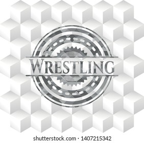 Wrestling realistic grey emblem with cube white background