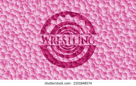 Wrestling realistic pink emblem with bubbles background. Vector Illustration. Detailed. 